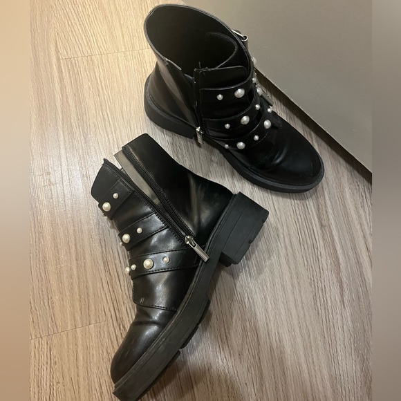 EUC Pearl Embellished Black Leather Combat Boots - Picture 5 of 7